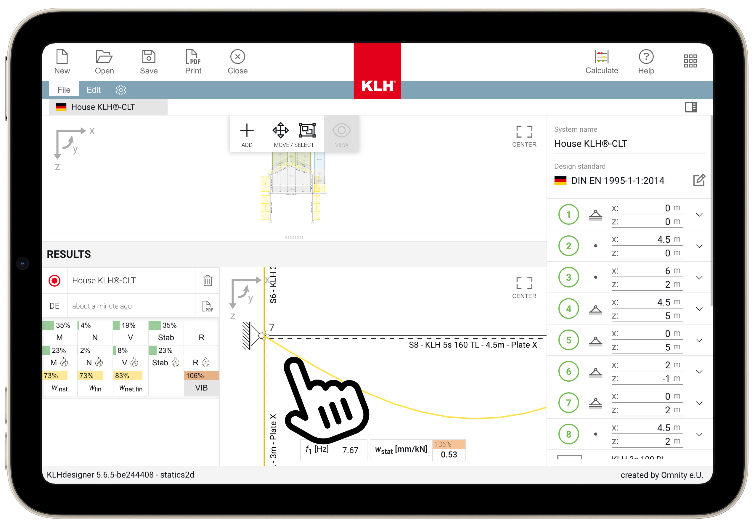 statics2d auf einem Tablet mit einer CLT-Hauskonstruktion, Touch-Gesten-Navigation und Berechnungsergebnissen