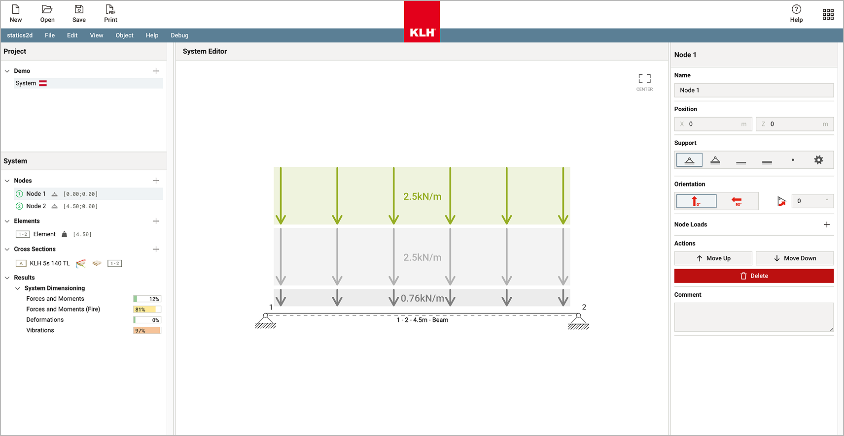 statics2d-Anwendung mit einem Einfeldträger unter Flächenlasten, Projektbaum und Knoteneigenschaften-Editor