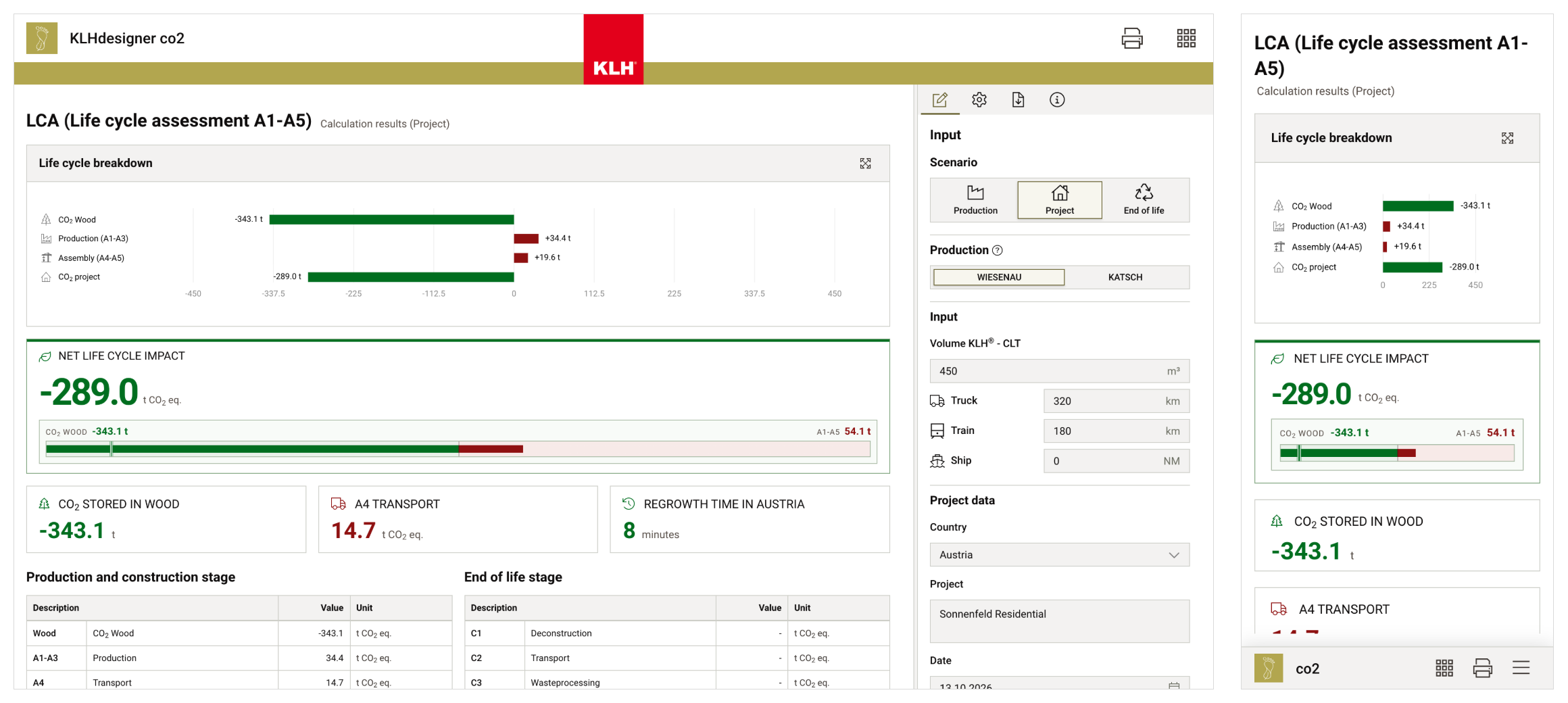 The KLHdesigner co2 user interface side by side on desktop and on a smartphone, both showing the same calculation